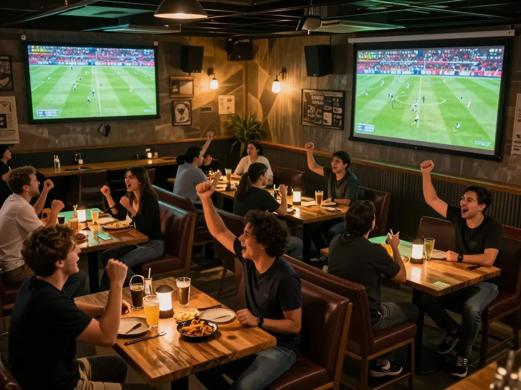 Excited fans xem trực tiếp bóng đá in a lively sports bar during a thrilling match, drinks and snacks around.