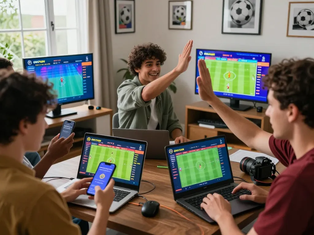 Engaged users placing bets on OKFUN sports betting platform in a vibrant home setting.