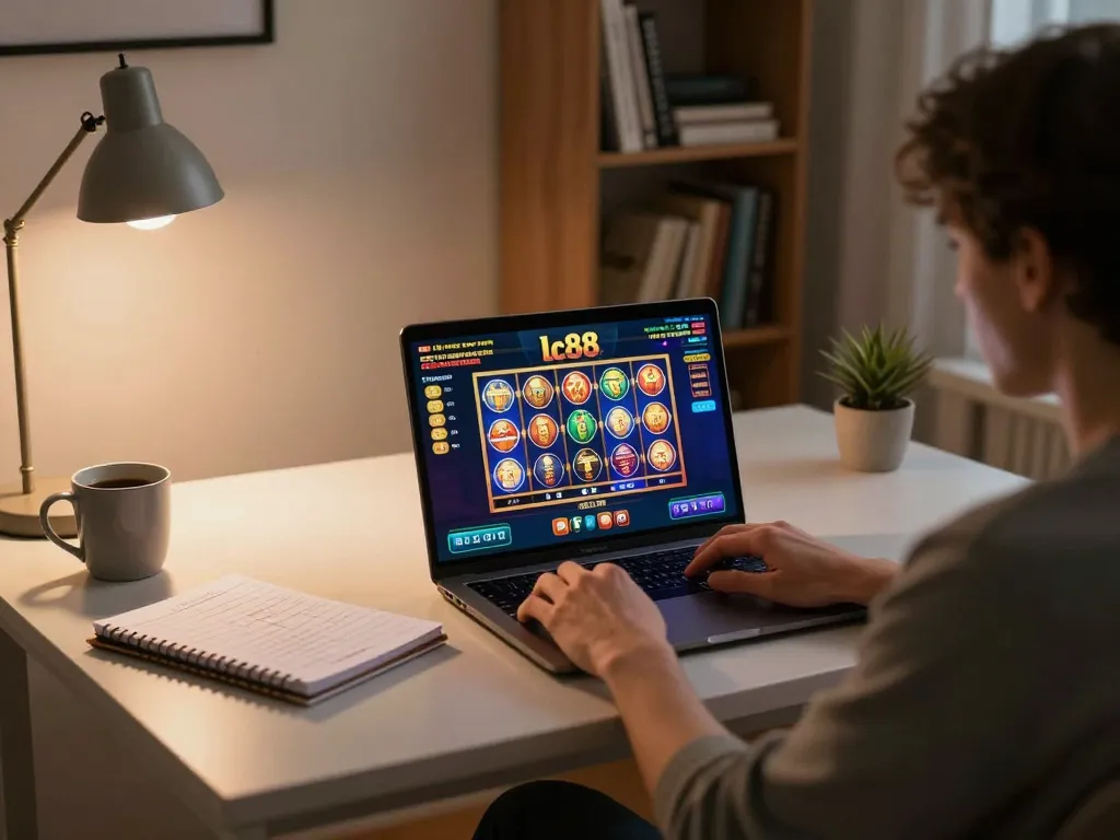Engaging scene of a user playing casino lc88 online slots at home, showcasing comfortable gaming setup.