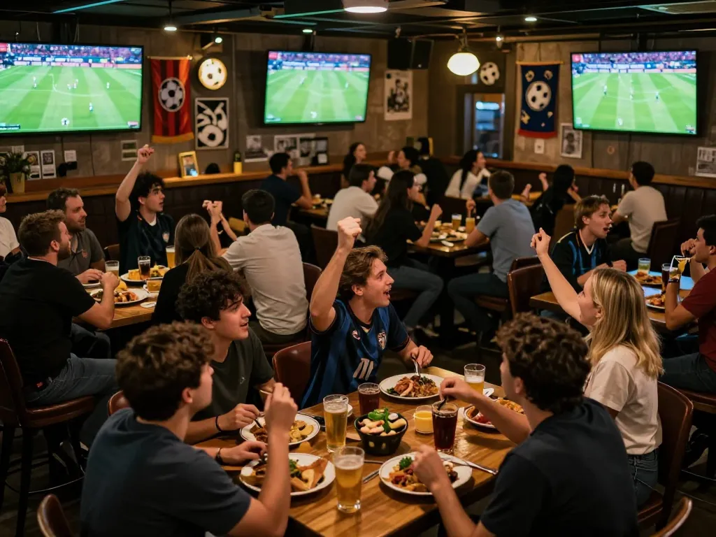 Fans enjoying xem trực tiếp bóng đá in a vibrant sports bar atmosphere, celebrating live soccer matches on multiple screens.