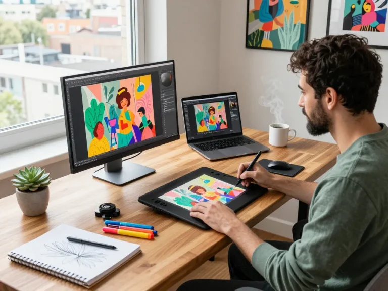 Creative workspace showcasing NSFW digital art creation with vibrant illustrations and modern design tools.