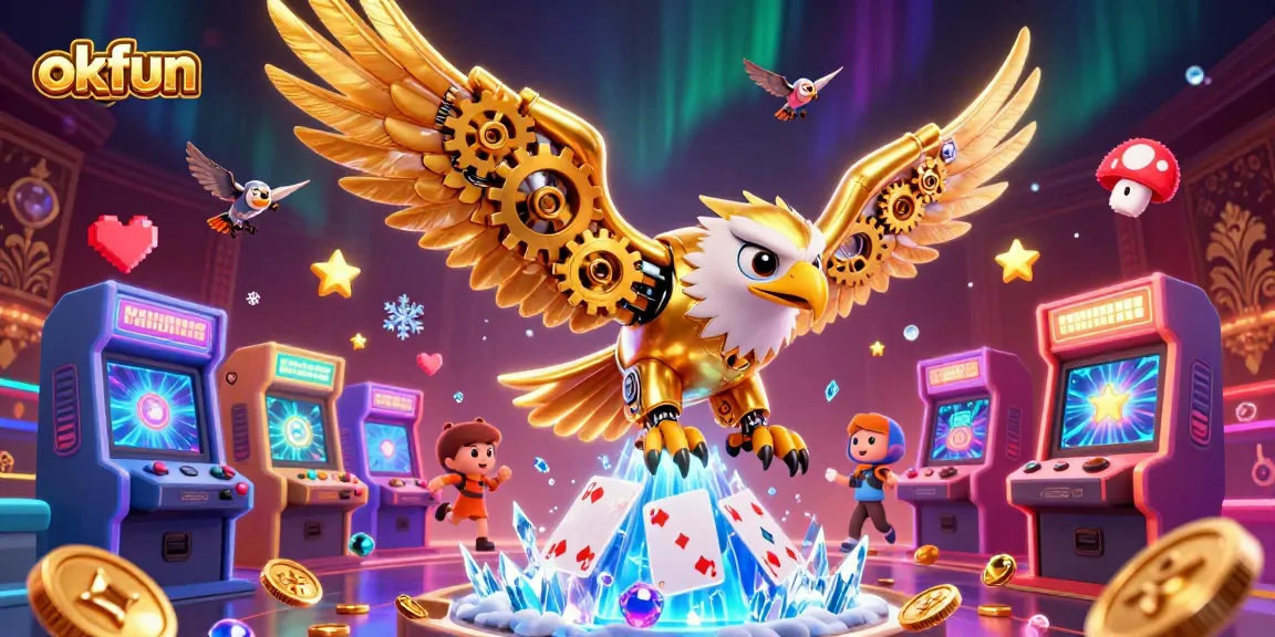 Experience the thrill of okfun casino with dynamic 3D illustration showcasing gaming action and vibrant motifs.