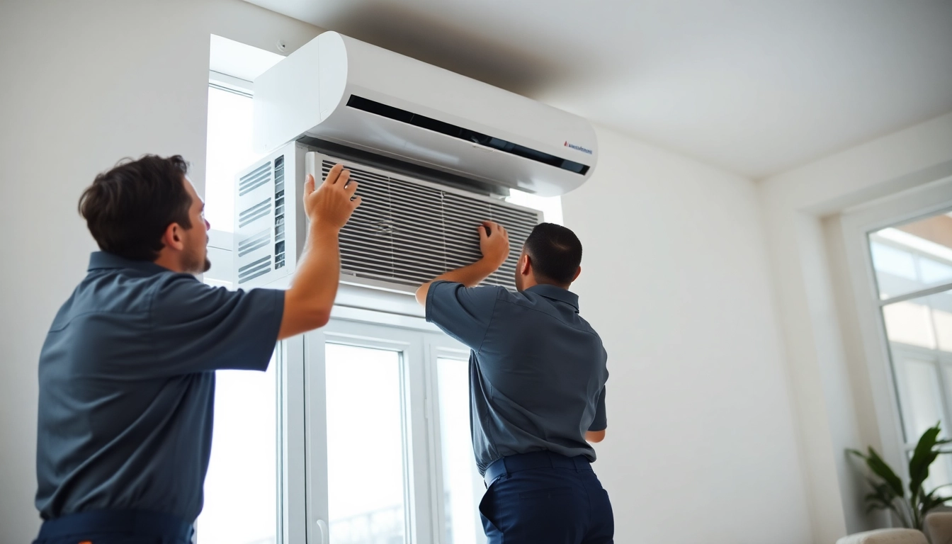 Install an American Standard AC unit with a technician in a well-lit modern home. related image
