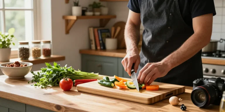 A vibrant kitchen filled with natural light featuring bamboo cutting boards, fresh vegetables, and various spices.