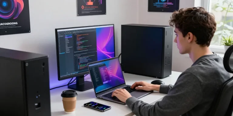 Refurbished PC workspace with a laptop and coding screen, enhancing productivity