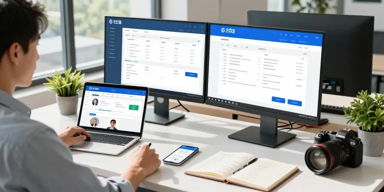 Professional managing plumbing business CRM software in modern office, focusing on service requests and data analysis.