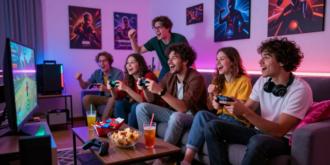 Friends enjoying NSFW games together in a lively gaming room, capturing excitement and camaraderie.
