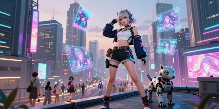 AI ecchi character in cyberpunk cityscape, showcasing vibrant digital art and futuristic themes.