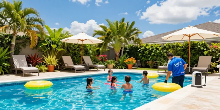 Dolphin Pool Services technician performing maintenance by a family enjoying their backyard pool on a sunny day.