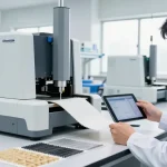 Technician conducting a tear resistance test with the ElmenGuide tester, measuring material strength accurately in a modern lab.