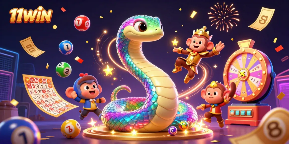Experience thrilling luck with the vibrant 11WIN casino-themed illustration filled with energetic lottery elements.