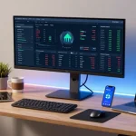 Investigador de criptomonedas analizando plataformas de DeFi y criptodivisas en un entorno moderno con tecnología avanzada.