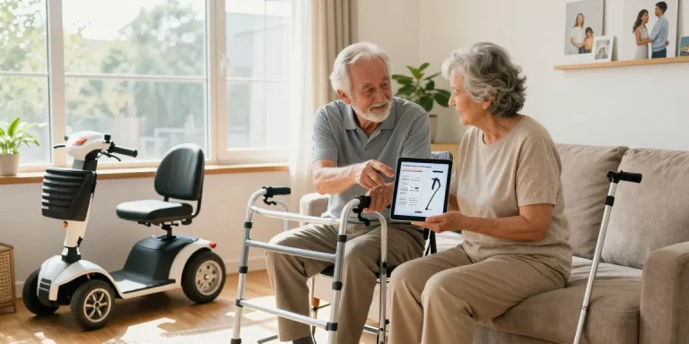 Explore options to buy nobility aids with elderly couple discussing mobility solutions in a cozy home.