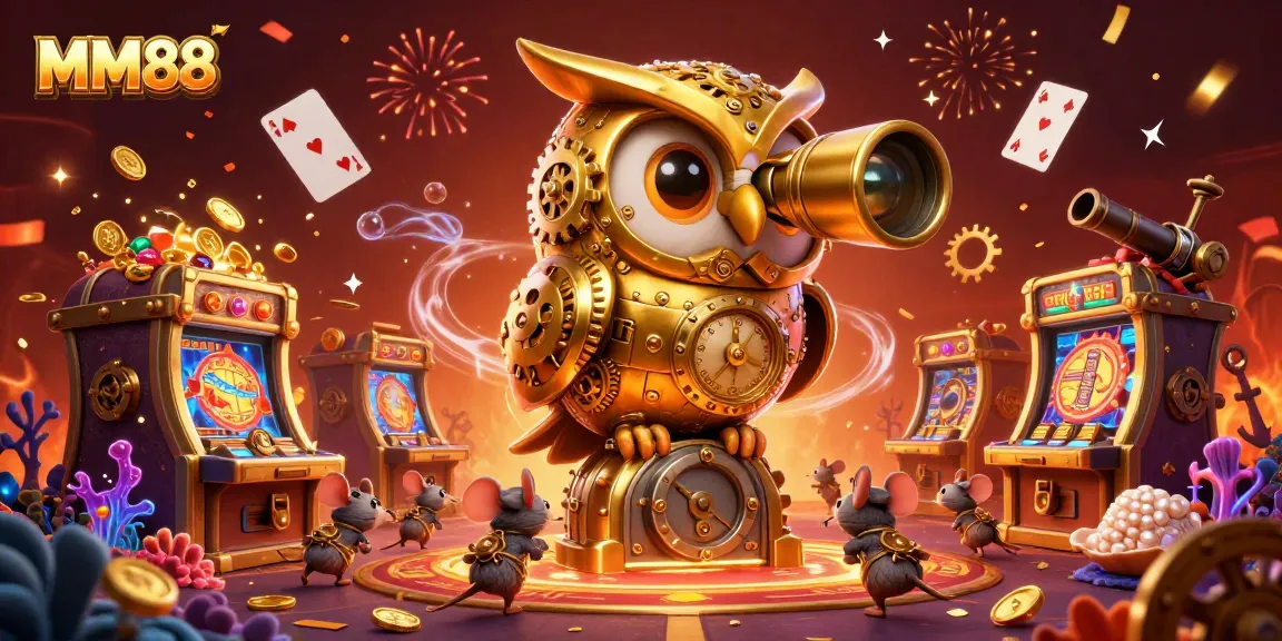Bet on MM88 with animated charms of golden owl in a vibrant casino scene filled with treasures.