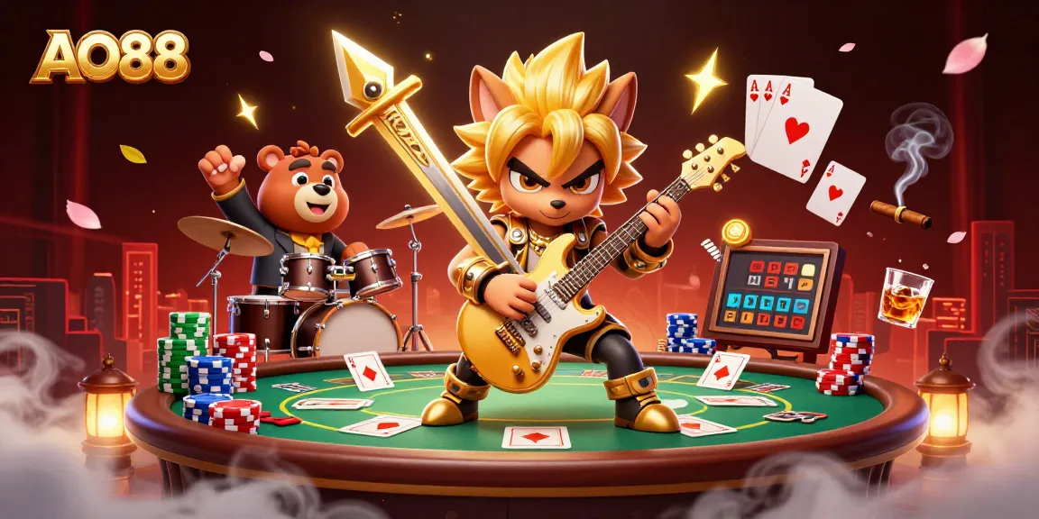 Experience the thrill of AO88 with an electric rock star wolf and lively bear in a dynamic casino scene