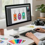Vibrant workspace featuring custom acrylic keychain designs with colorful samples and creative tools.