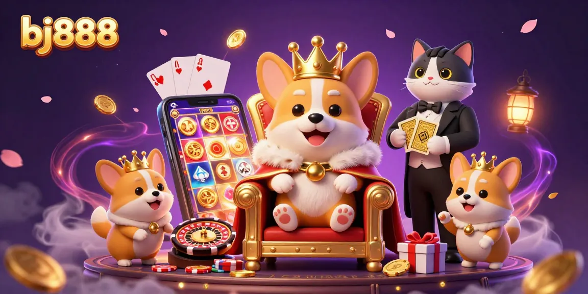 Experience the excitement of bj888 with a vivid scene of a royal corgi surrounded by gaming elements.