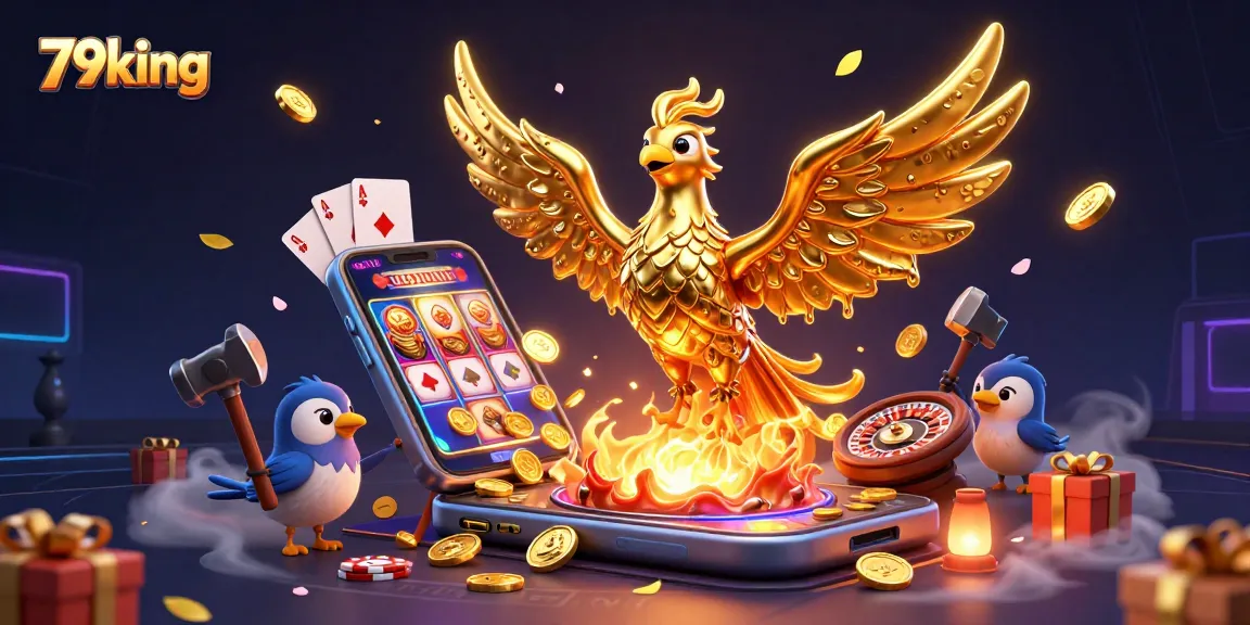 Experience the excitement of 79king with a vibrant golden phoenix and dynamic casino elements.