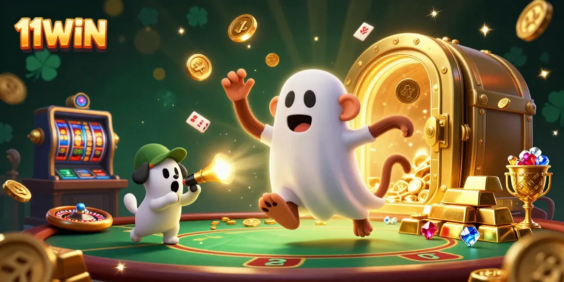 Engage in thrilling casino action with 11WIN's vibrant 3D illustration showcasing playful characters and gold treasures.