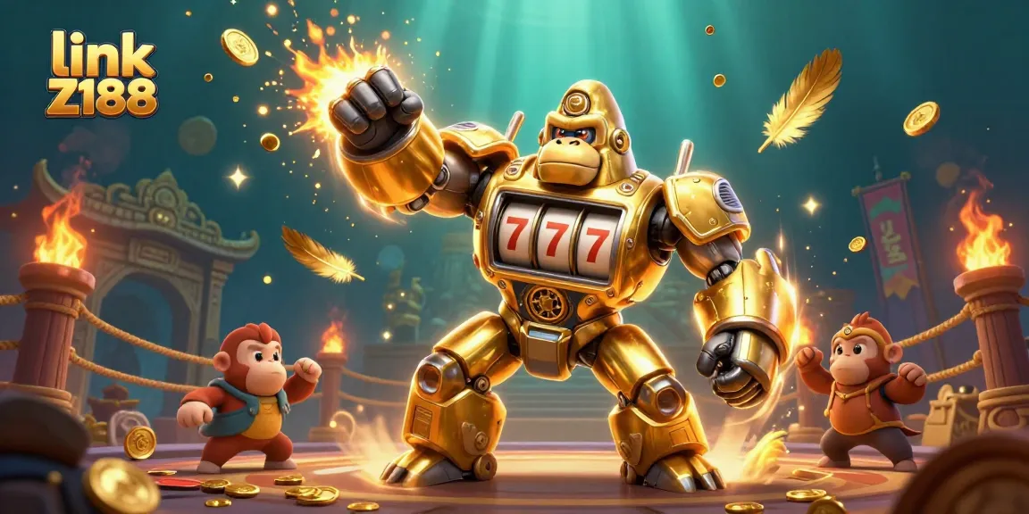 Experience the excitement of link Z188 casino with a dynamic 3D illustration of a golden gorilla mech, slot machines, and particles bursting.