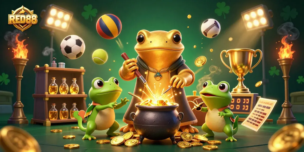 Engage in the thrilling world of RED88 with dynamic sports elements and gold coins in a magical scene.