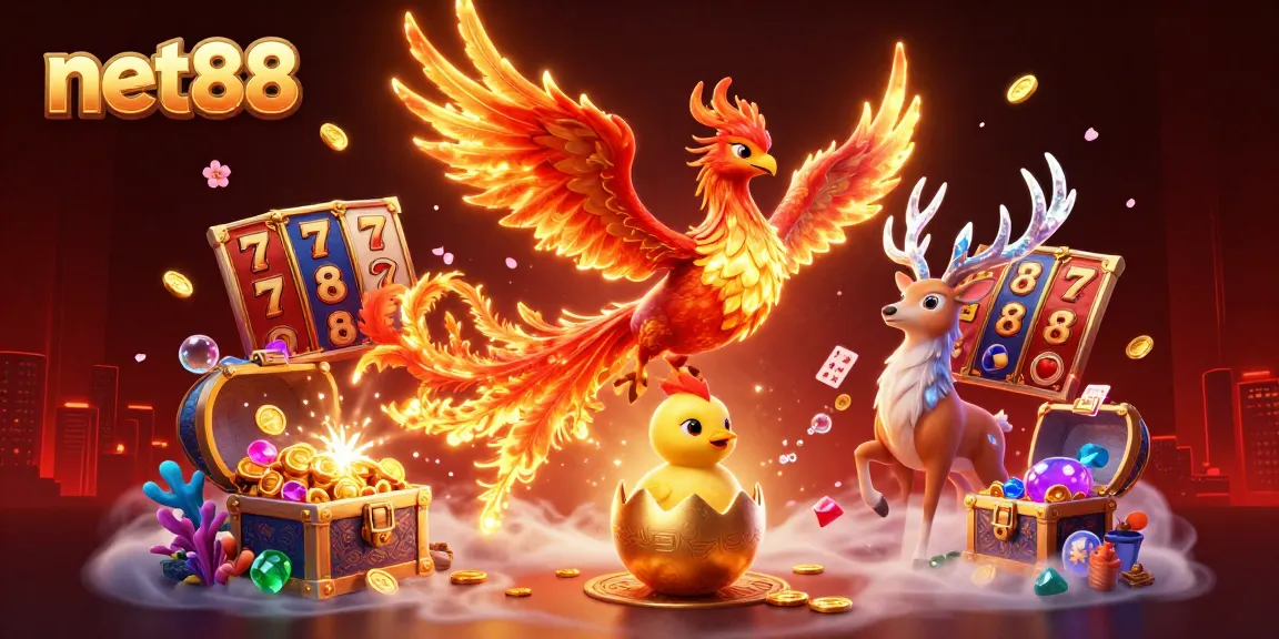 Experience thrilling gameplay at net88 with a vibrant 3D illustration showcasing slots, treasures, and dynamic characters.