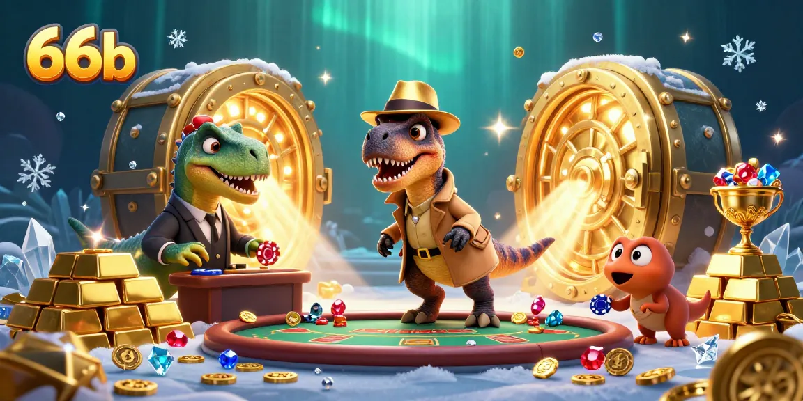Engage in thrilling gameplay at 66b, featuring a cartoon velociraptor card counter and casino excitement.