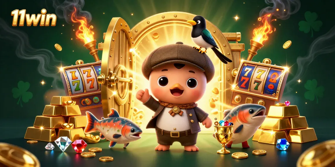 Engage with 11win's vibrant scene featuring Nessie and gold treasures in a dynamic casino atmosphere.