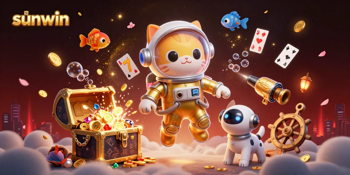 Engage with sunwin's vibrant casino scene of an astronaut cat, robot dog, and floating treasures.