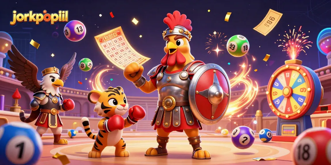 Engage with jorkpoplil gameplay as a gladiator rooster and friends celebrate with lottery balls and prizes.