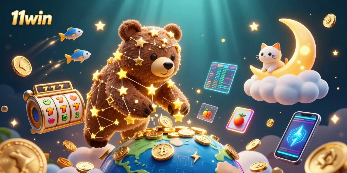Engage with 11win as the constellation bear collects coins, surrounded by slot game elements and cryptocurrency.