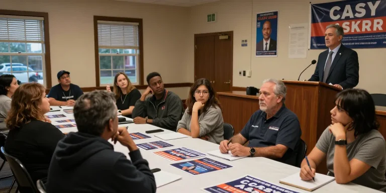 Casey Askar speaking at a town hall meeting, showcasing his controversial campaign amidst community skepticism.