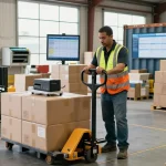 Manual pallet truck with scale and printer in Texas optimizing warehouse operations, showcasing efficient material handling solutions.
