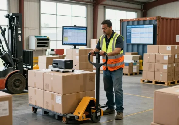 Manual pallet truck with scale and printer in Texas optimizing warehouse operations, showcasing efficient material handling solutions.