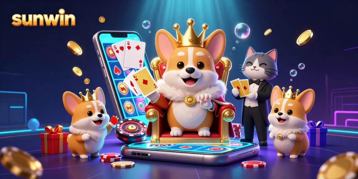 Experience the excitement of sunwin with this vibrant 3D corgi casino scene showcasing gaming elements.