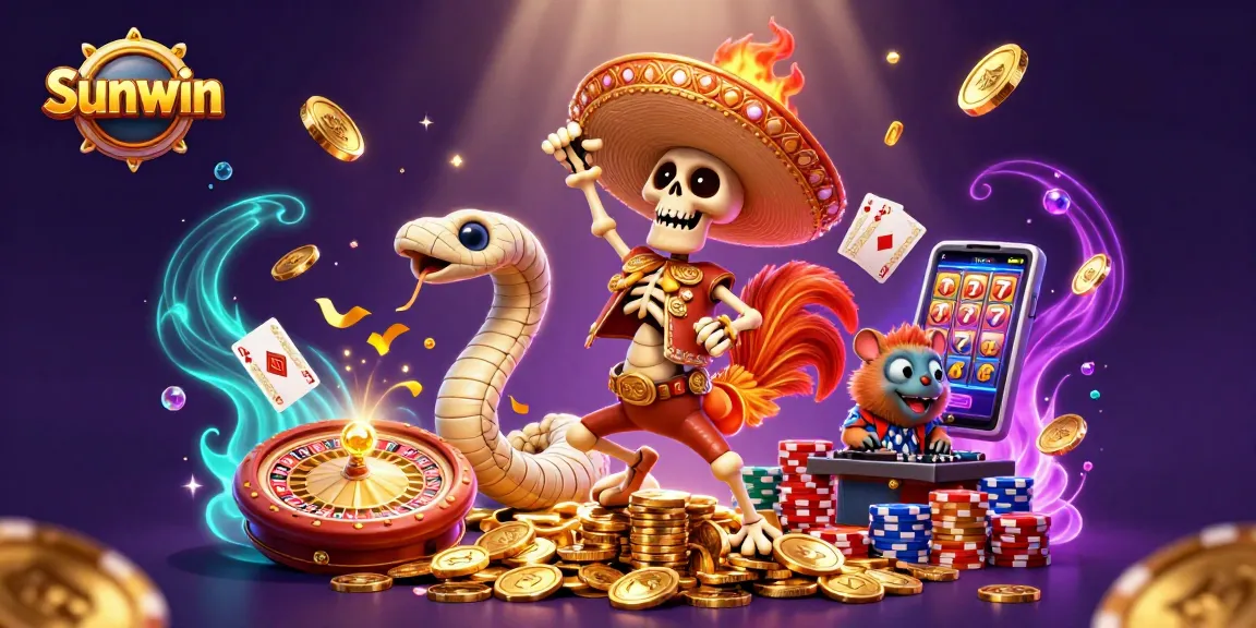 Experience winning moments with Sunwin in this vibrant casino-themed 3D illustration featuring animated characters.